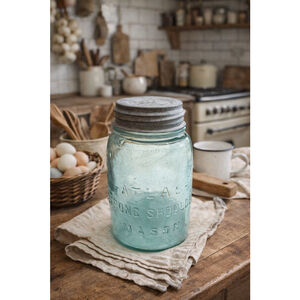 Vintage Atlas Strong Shoulder Mason Jar Quart Aqua Glass w/ Zinc Lid
